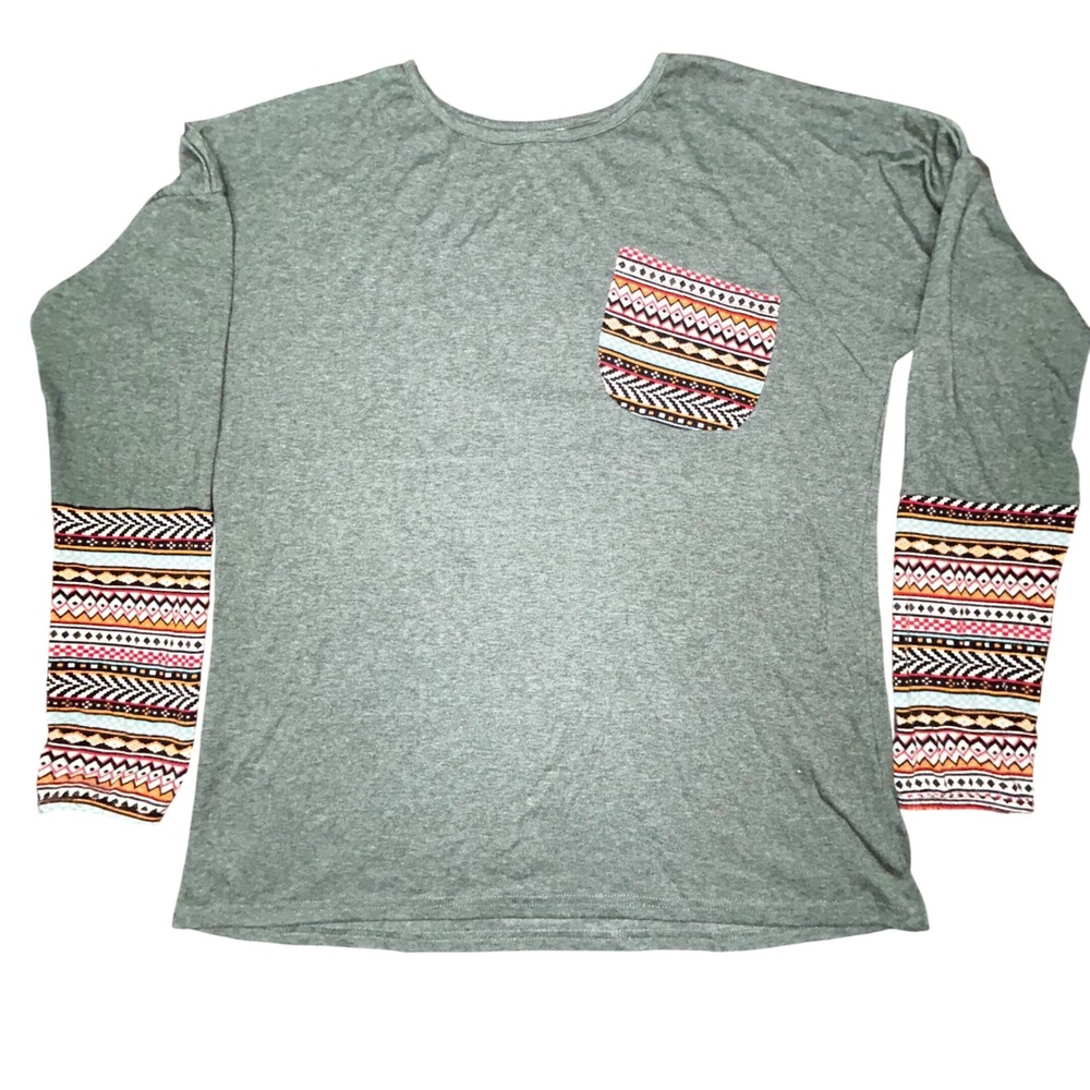 POGTMM Women XL Olive Green Long Sleeve Top Southwestern Aztec Print Pocket Tee